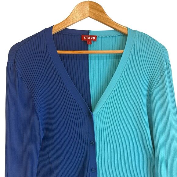 Staud The Cargo Blue and Turquoise Colour Block Ribbed Cardigan Sweater - Picture 3 of 7